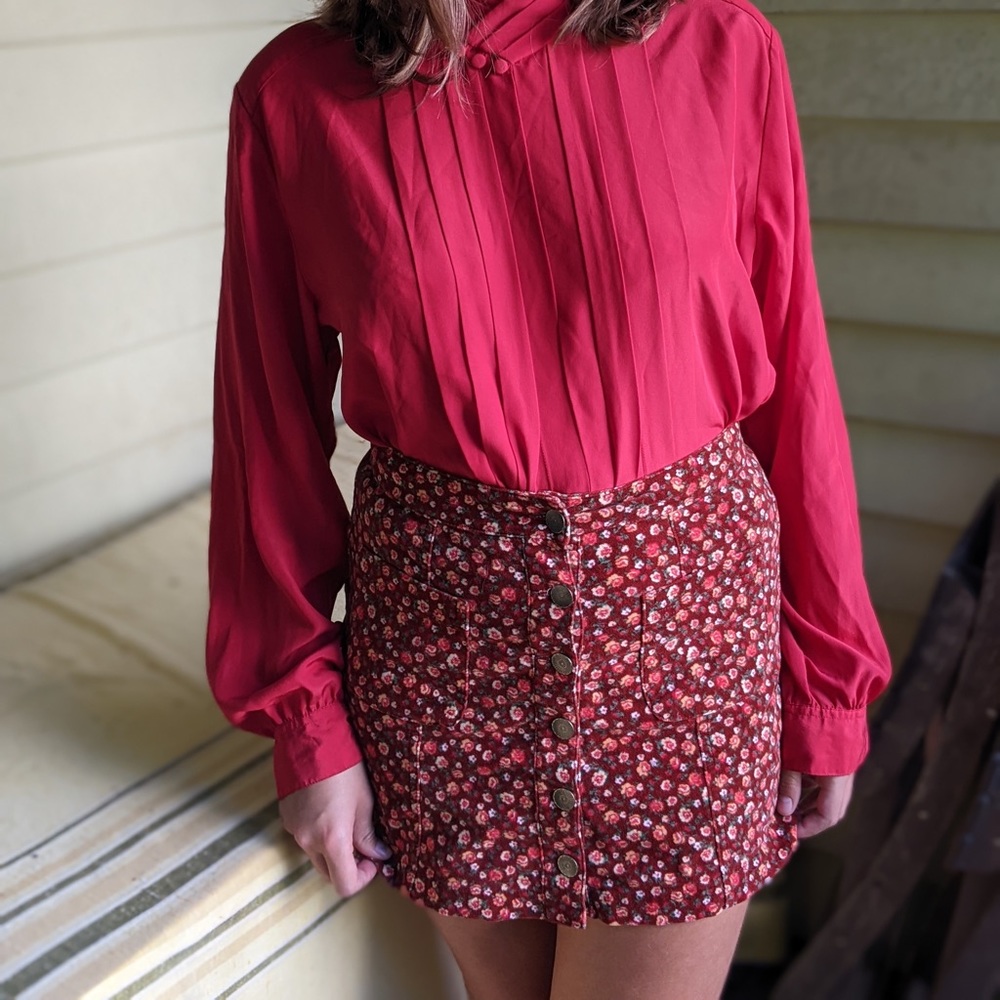 Red floral corduroy mini skirt